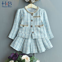 Humor Bear Girl Clothing Set  Spring Autumn Long Sleeve Plaid Printed Cardigan +Skirt 2PCS Casual Kids Clothes