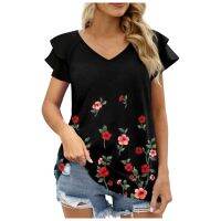 Summer Fashion Casual Printed Ruffles Short Sleeve Women T-shirt Solid Colortops Female V-neck Loose T-shirt Plus Size Pullover