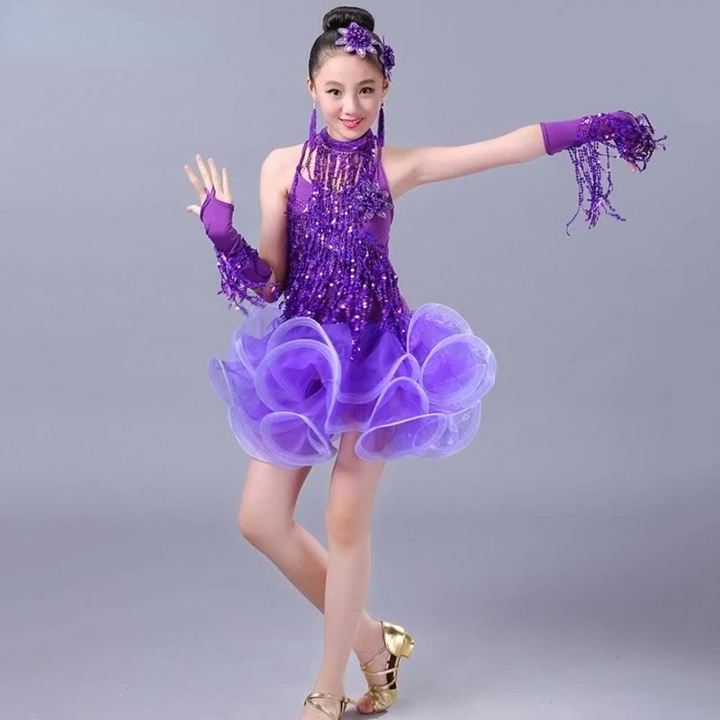 Kids Girls Sequin Fringe Latin Dance Dress For Girls Children Salsa For ...
