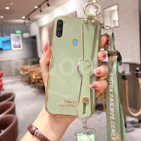 เคสสำหรับ Samsung Galaxy A11 M11 6D สายรัดข้อมือชุบโลหะด้วยไฟฟ้าสายคล้องไหล่ขาตั้งโทรศัพท์สำหรับ Samsung A11 M11 เคสซิลิโคนนิ่ม