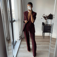 Woman Vintgae Wine Red Long Sleeve Blazer Suit 2021 Autumn Chic Female High Waisted Pencil Pants Suits Laides Minimalist Sets