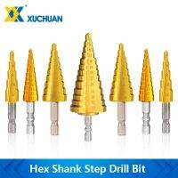 Hex Shank Step Drill Bit 3-12 / 4-12 / 20 / 32mm ไทเทเนียมเคลือบแบบขั้นบันได เจาะ Bit Set สําหรับเครื่องมือเจาะโลหะไม้