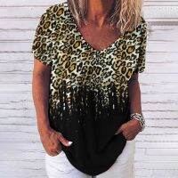 Vintage Womens T-Shirt 3d Gradient Leopard Print Pullover Casual Street V Neck Femalewear Summer Oversized Tshirt Lady Clothing