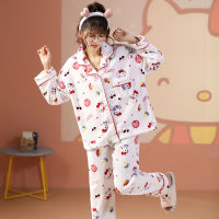 Sanrio ชุดนอนสตรี H Ello K Itty Kawaii กำมะหยี่ปะการังอ่อน Loungewear สองชิ้นชุดการ์ตูนอะนิเมะชุดนอนบ้านแจ็คเก็ตสูทของขวัญ