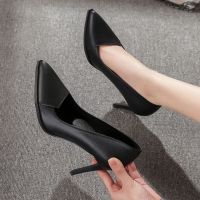 Formal Wear Genuine Leather High-Heeled Single Shoes Women 2021 Spring Autumn Style Interview Pointed Toe Stiletto Heels Black Slimmer Look Professional W