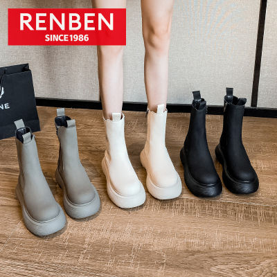 RENBEN รองเท้าผู้หญิงพื้นหนาใส่ได้หลายโอกาส,Sepatu BOOT Pendek ผู้หญิงพื้นหนาใส่สีทึบง่ายรองเท้าบูท Martin สไตล์อังกฤษรองเท้าบู๊ทบาง