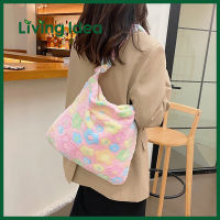 Living idea กระเป๋าสะพายไหล่ กระเป๋าถือ ผ้ากํามะหยี่ขนนิ่ม สีพาสเทล พิมพ์ลายดอกไม้ น่ารักมาก สําหรับผู้หญิง