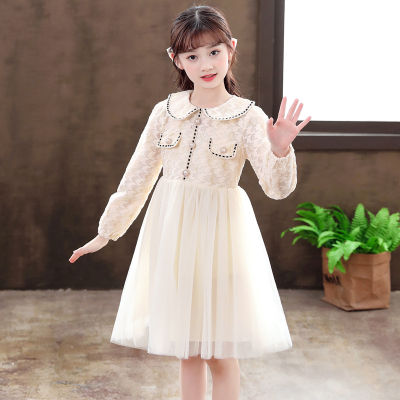 Xiaoxiangfeng สาวเจ้าหญิง A-Line ชุดฤดูใบไม้ร่วงใหม่แขนยาวลูกไม้เย็บปะติดปะต่อกันชุดเด็กตุ๊กตาปกตาข่ายชุด
