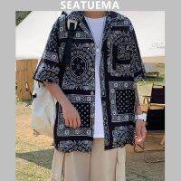 SEATUEMA เสื้อแขนสั้นลายดอกไม้สำหรับผู้ชาย,เสื้อเชิ้ตลายสก๊อตรูปหล่อดีไซน์ฤดูร้อน