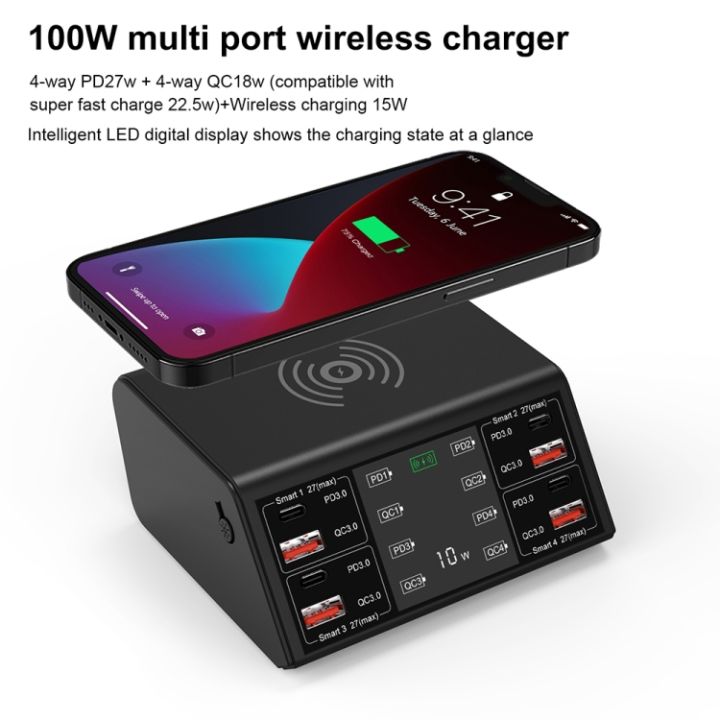 838w-9-in-1-100w-4-pd-3-0-usb-c-type-c-4-qc-3-0พอร์ต-usb-ที่ชาร์จแบบไร้สายแสดงผลแบบดิจิตอลอัจฉริยะปลั๊ก-us