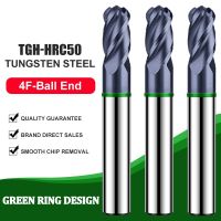 AZZKOR ทังสเตนเหล็กคาร์ไบด์สําหรับเครื่องตัดเหล็กมิลลิ่ง 4F Color-Ring Coating CNC Mechanical Ball End Endmills Tools TGH-HRC50