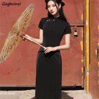 Chinese Style Stand Collar Dress Women Skinny Temperament Black Qipao Vintage Short Sleeve Slim Sexy Vestido Large Size M-3XL