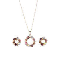 Ollecc ผู้หญิง Rhinestone รอบจี้สร้อยคอหูสตั๊ดต่างหูชุดเครื่องประดับ