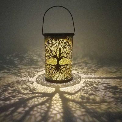 LED Solar Lantern Light Hollow Tree Shadow Projection Light Wrought Iron Hanging Lamps Waterproof Outdoor Garden Yard Decoration