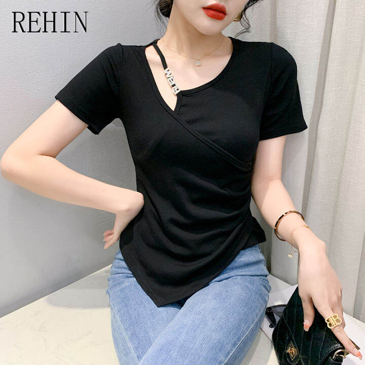 rehin-เสื้อยืดผู้หญิงแขนสั้นเสื้ออเนกประสงค์สีทึบเข้ารูป-แฟชั่นใหม่ฤดูร้อน