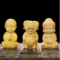 Mini Monk Buddhist Fortune Pig Boxwood Carving Buddha Guanyin Maitreya Shakya Muni Louts Pendants Crafts Figure Figurine Decor