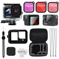 สำหรับ Gopro Hero 10 9ชุดชุดอุปกรณ์สีดำกันน้ำเคสปลอกหุ้มฟิล์มนิรภัยผิวปลอกซิลิโคนตัวกรองกระเป๋าเก็บของ