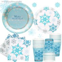 ﹍ Frozen Birthday Tableware Blue Snowflake Plate Cup Napkin Christmas Party Supplies Snow Ice Freeze Theme Parti Decor