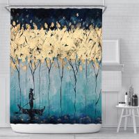 Nordic golden luxury shower curtain waterproof Digital printing boho bathroom decor curtain Plant abstract design with hooks