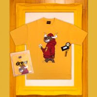 เสื้อยืดแขนสั้นสำหรับผู้หญิง DREW HOUSE มาสคอตปีวัวตาข่ายสีเหลืองสีแดงเหมือนกันไฮสตรีทหมอกหลวม