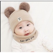 Mũ len 2 quả bông kèm khăn ống cổ mã JC60 cho bé đến 3 tuổi