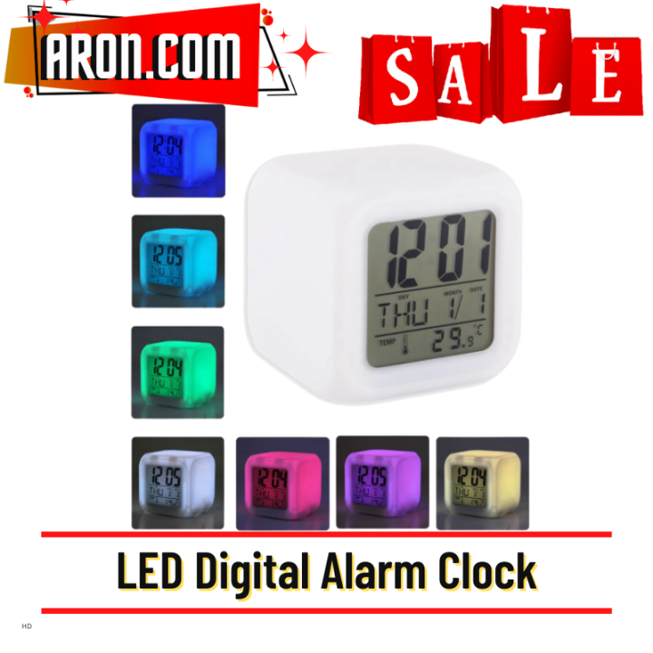 Aron 7 colour changing led digital alarm clock with date time