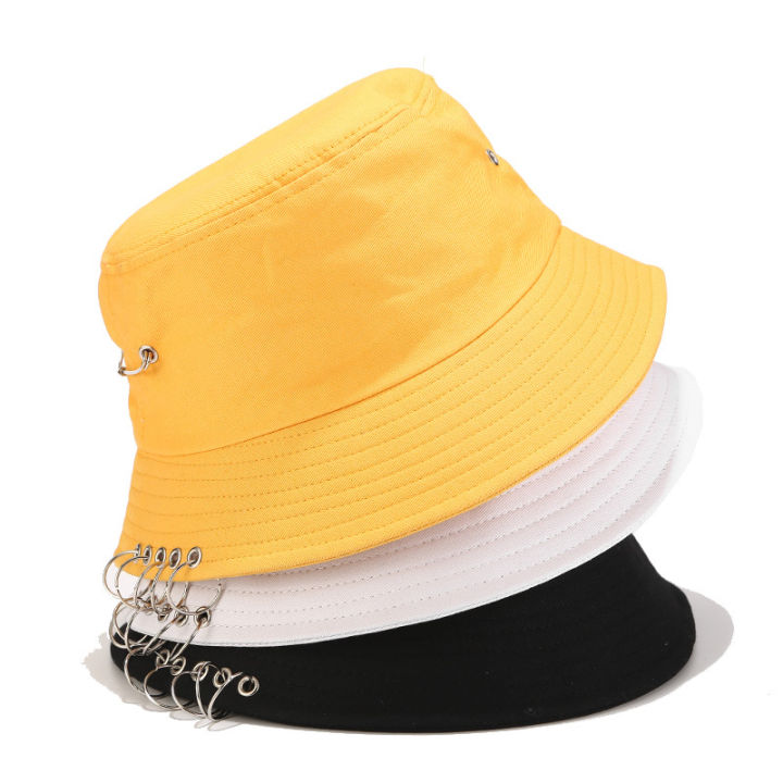 hot-punk-five-ring-pin-fisherman-hat-unisex-hat-spring-and-summer-simple-solid-color-sun-hat-panama-foldable-sunscreen-for-travel