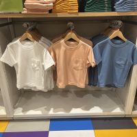 Original Uniqlo summer boys and girls cotton blended round neck short-sleeved pocket T-shirt solid color childrens tops 454492