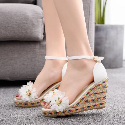 9 cm flower fish mouth wedges big yards sandals waterproof sandals new Roman sandals white sandals