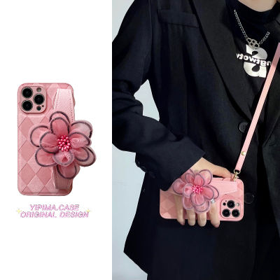 สายรัดข้อมือดอกไม้สีชมพูสำหรับ iphone14 Linger Leather Case สำหรับ iphone13Promax กรณีสายคล้องไหล่เอียงสำหรับ iphone12promax