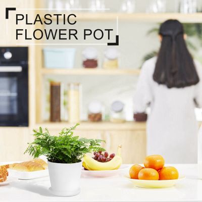 Plastic Round Flower Plant Pot Planter Holder With Tray Home Office Garden Decor White