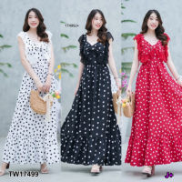 B17499 แม็กซี่เดรสไหล่ระบายลายหัวใจ Heart print off shoulder maxi dress