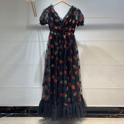 ‘；’ Women Long Party Strawberry Dress Summer Sequin Mesh Sweet Lolita High Waist Black Pink Tulle Maxi Dress Original Quality