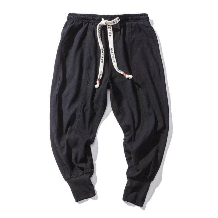 ผ้าฝ้ายผ้าลินินกางเกงฮาเร็มผู้ชายแข็งเอวยางยืด-streetwear-joggers-2023ใหม่ถุงวางเป้ากางเกงกางเกงลำลองผู้ชาย