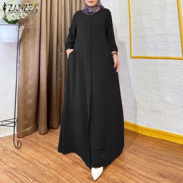 สินค้ามาใหม่-จัดส่งฟรี-fancystyle-zanzea-ชุดเดรสมุสลิมผู้หญิง-ชุดเดรสยาวสีพื้นแขนพองลำลอง