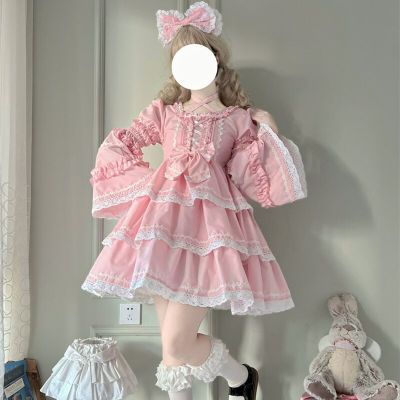 2022 Summer Gothic Pink Kawaii Dress Sleeves Detachable Soft Girl Victorian Princess Tea Party Baby Doll Lolita Dress For Woman