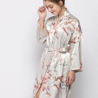 Spring Summer V Neck Luxury Allover Floral Print Belted Satin Night Robe Vocation Nightgowns