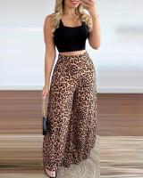 Crop Tank Top &amp; Leopard Print Wide Leg Pants Set Casual Chic Fashion Summer Daily Square Neck High Style Form-Fitting