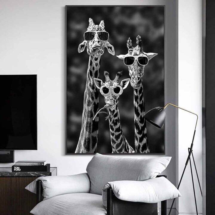 giraffes-with-sunglasses-funny-art-posters-and-prints-black-and-white-animals-canvas-paintings-on-the-wall-art-pictures-cuadros