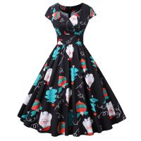 WomenS Fashion Christmas Retro Short Sleeve V-Neck Printed Splicing Dress