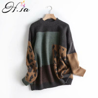 H.SA  Women Vintage Leopard Pullover And Sweaters Winter Patchwork Brown Knit Jumpers Loose Style Korean Slim Pull Jumpers