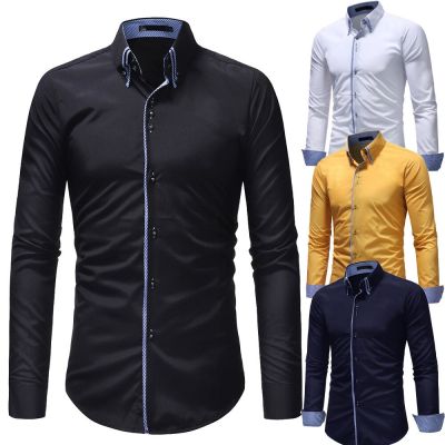 ZZOOI New Mens Double Collar Placket Covered Trend Slim Casual Long Sleeve Shirts