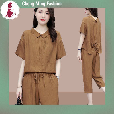 Cheng Ming ชุดสูทฤดูร้อนของผู้หญิง,เสื้อเชิ้ตแขนสั้นกางเกงแฟชั่นเสื้อยืดผู้หญิงลำลองชุดคาปฝ้ายลินิน2ชิ้น