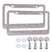 2PCS Rhinestone License Plate Frame Bling License Plate Cover Stainless Steel Luxury Car Tag Frame with Screw Cap Install Set