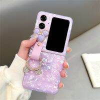 เคสโทรศัพท์มีลายเปลือกแบบไล่ระดับสีสำหรับออปโป้ไฟนด์ N2แบบฝาพับพร้อมหนังที่สวมนิ้วเคสลายการ์ตูนลายเพชรน่ารักสำหรับค้นหา N2Flip