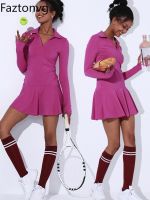 Faztonvg Tennis Dress Women Sports One-piece Tennis Skirt Nylon Nude Fitness Long Sleeve Collar Badminton Sports Dresses