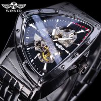 ZZOOI WINNER Black Skeleton Mechanical Watch Man Triangle Automatic Watches Stainless Steel Irregular Wristwatch Transparent Back Case