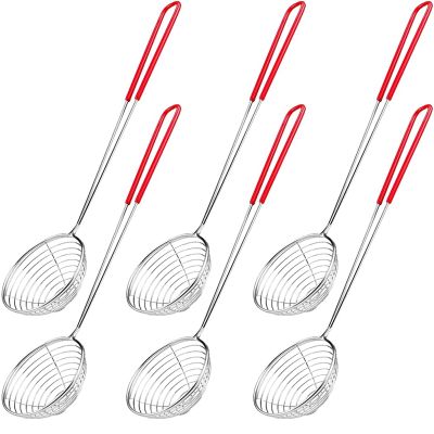 6 Pieces Mesh Skimmer Spoon Stainless Steel Red&amp;Silver for Kitchen Cooking Frying Food
