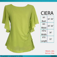 USED Ciera - Green Frill Sleeve Ruffle Top | เสื้อแขนสั้นสีเขียว เสื้อแขนระบาย เสื้อเอวจีบ คอกลม ทำงาน สีพื้น ไฮโซ แท้ มือสอง