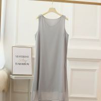 Bamerdanni 2023 New Summer Daily Basic Dresses Sleeveless Women Solid Chiffon Loose V-Neck Casual Skirt Mid Length Dress A-line